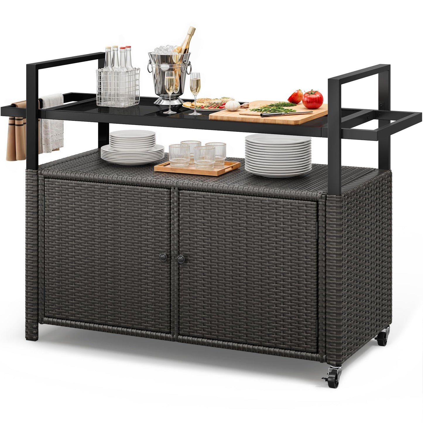 YITAHOME XL Outdoor Storage Cabinet, Outdoor Storage Cart with Wheels and Black Glass Table Top for Patio, Outdoor Cabinet for Poolside and Backyard (Dark Brown)