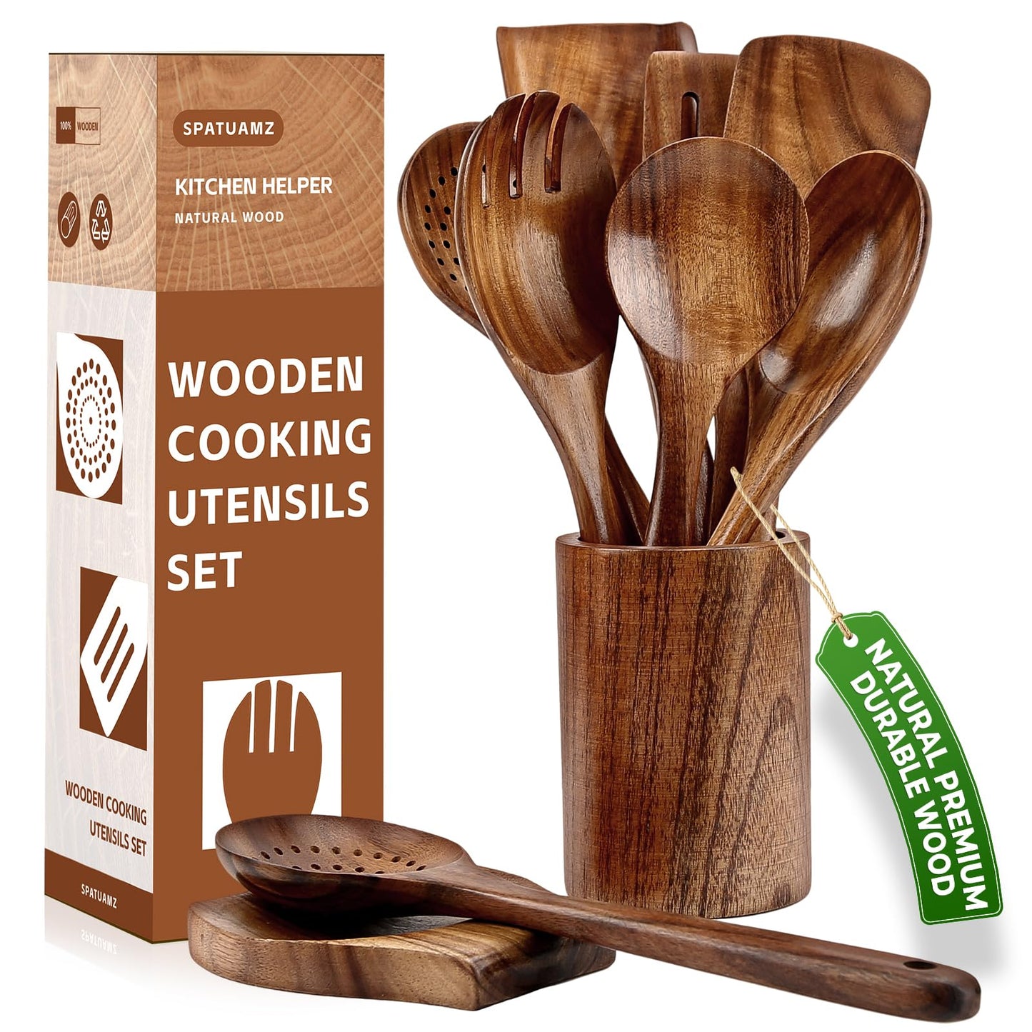 SPATUAMZ Wooden Spoons for Cooking, Teak Wooden Utensil Set for Nonstick Pans, Durable Wooden Spoons Set of 9 with Holder and Spoon Rest