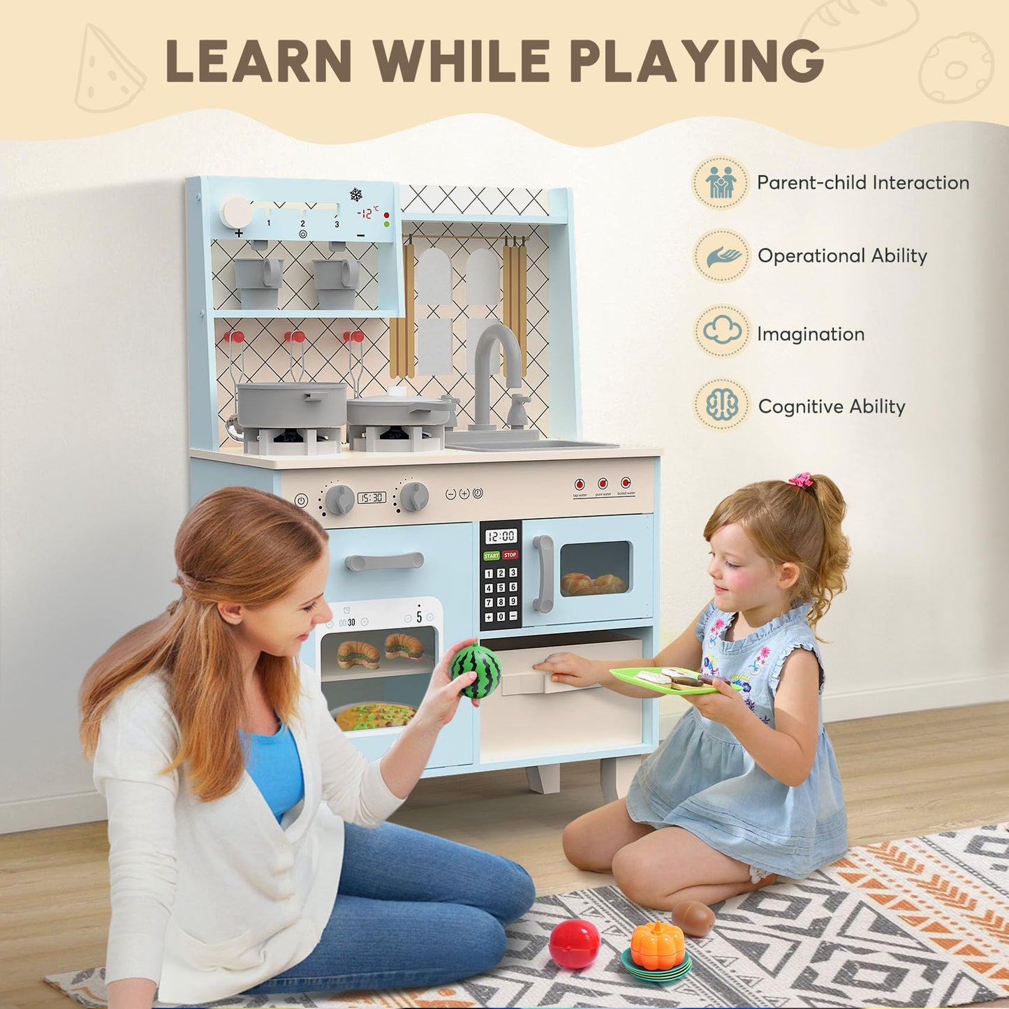 BIERUM Play Kitchen with Realistic Lights & Sounds, Wooden Kitchen Playset Chef Pretend Play Set for Toddlers, Toy Kitchen with 26 Pcs Toy Food & Cookware Accessories, Gift for Ages 3+