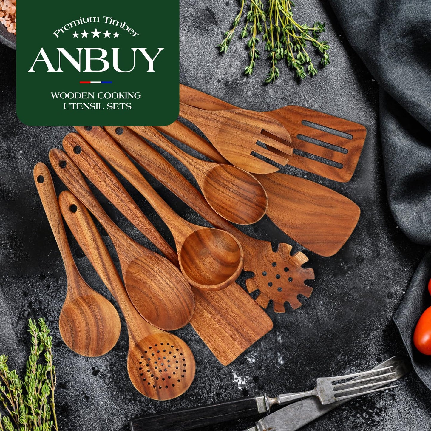 ANBUY Teak Wood Kitchen Utensils Set, Heat Resistant Wooden Spoons for Cooking, 10 Pcs Cooking Utensils Set Wooden, Wood Utensils Set for Cooking Food