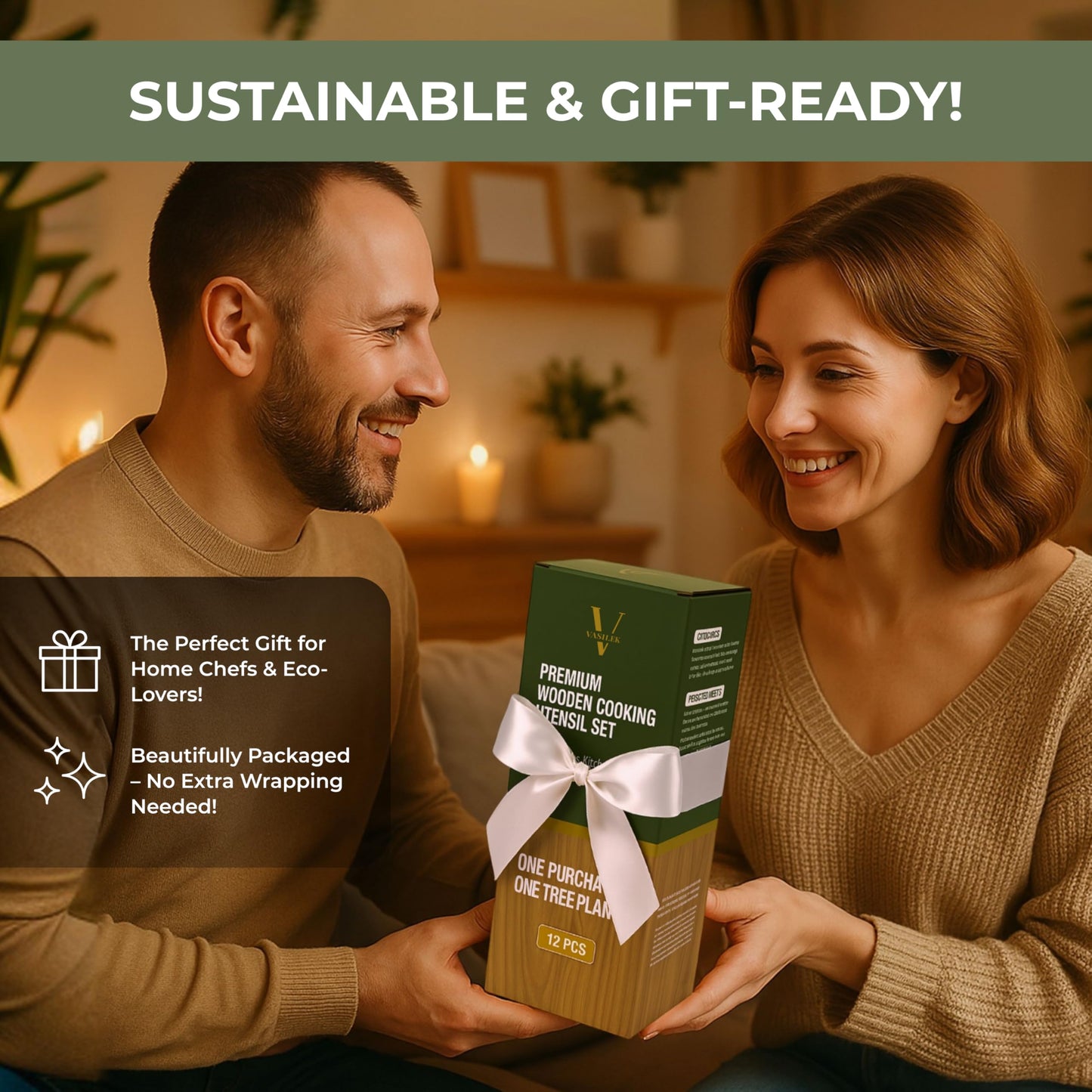 Vasilek Wooden Cooking Utensils Set – 12-Piece Acacia Wood Kitchen Utensil Set with Holder & Spoon Rest, Non Toxic Wooden Tools for Nonstick Cookware, Spatula, Ladle, Serving Spoon