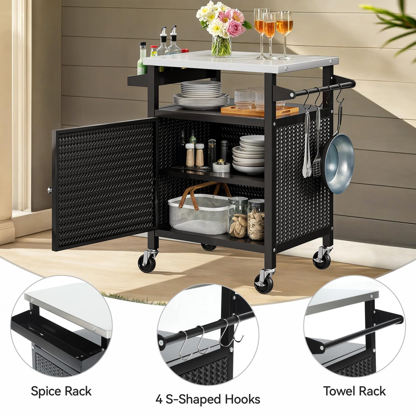 YITAHOME 25 Inch Outdoor Grill Cart with Stainless Steel Top, Outdoor Grill Table with Storage Shelves for Patio, Kitchen Prep, Grilling Accessories, Black