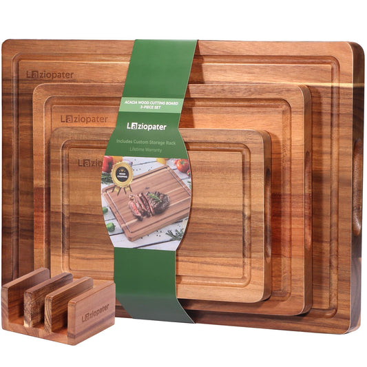 Acacia Wood Cutting Board，Solid Wood Cutting Board for Kitchen with Holder with Deep Juice Grooves & Built-in Handles, Durable Wooden Chopping Board Set of 3 for Meat, Vegetables and Fruits