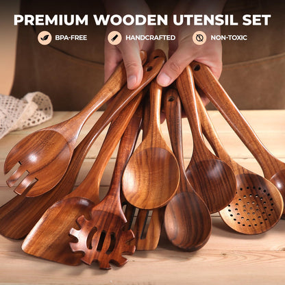 AIUHI Teak Wooden Utensil Set of 10, Wooden Utensils for Cooking, Non Stick Kitchen Spatula Set for Cooking, Serving