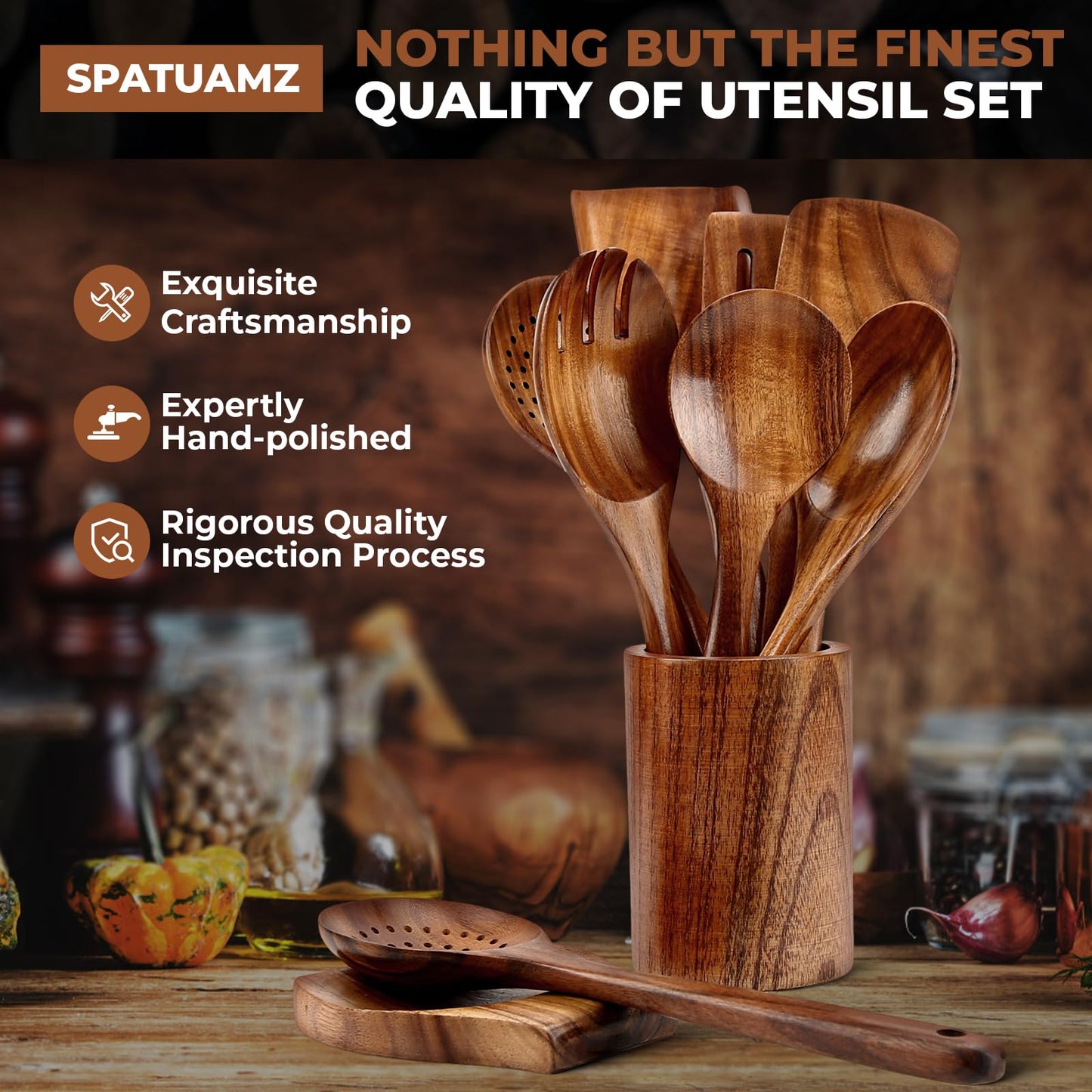 SPATUAMZ Wooden Spoons for Cooking, Teak Wooden Utensil Set for Nonstick Pans, Durable Wooden Spoons Set of 9 with Holder and Spoon Rest