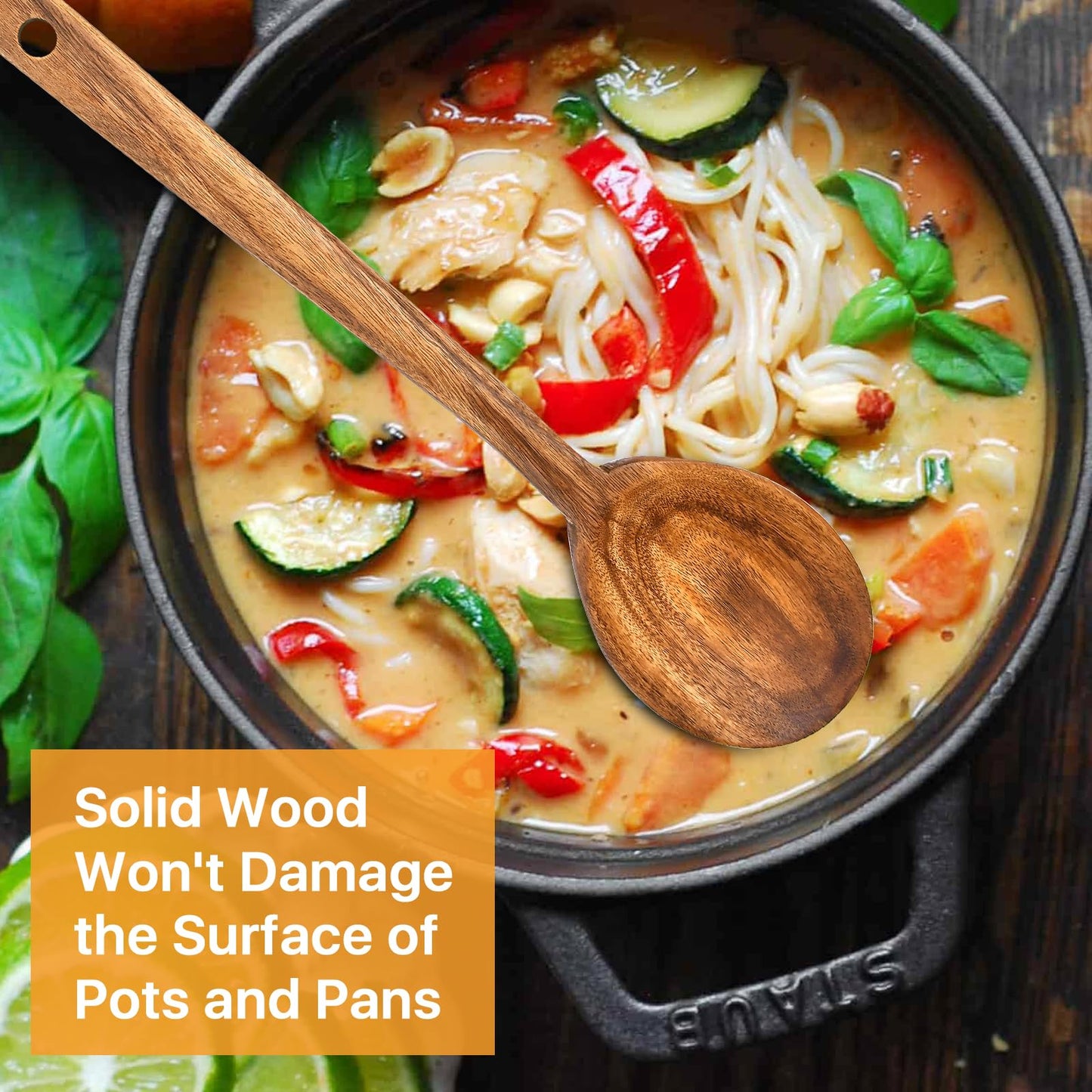 Lainballow 3 Pcs Olive Wood Cooking Spoon Set, Wooden Spoons, Long Handle Wooden Cooking Utensil, Large Wooden Utensils for Cooking Serving Mixing Stirring(12 in, 12 in, 11.2 in)