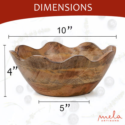 Mela Artisans Wooden Scalloped Bowl - Medium | Ruffle Decorative Style | Rustic Kitchen Decor | Mango Wood | Natural Grain Finish | Fits Bread, Fruits, Salad or Popcorn | 10” x 4” x 9”