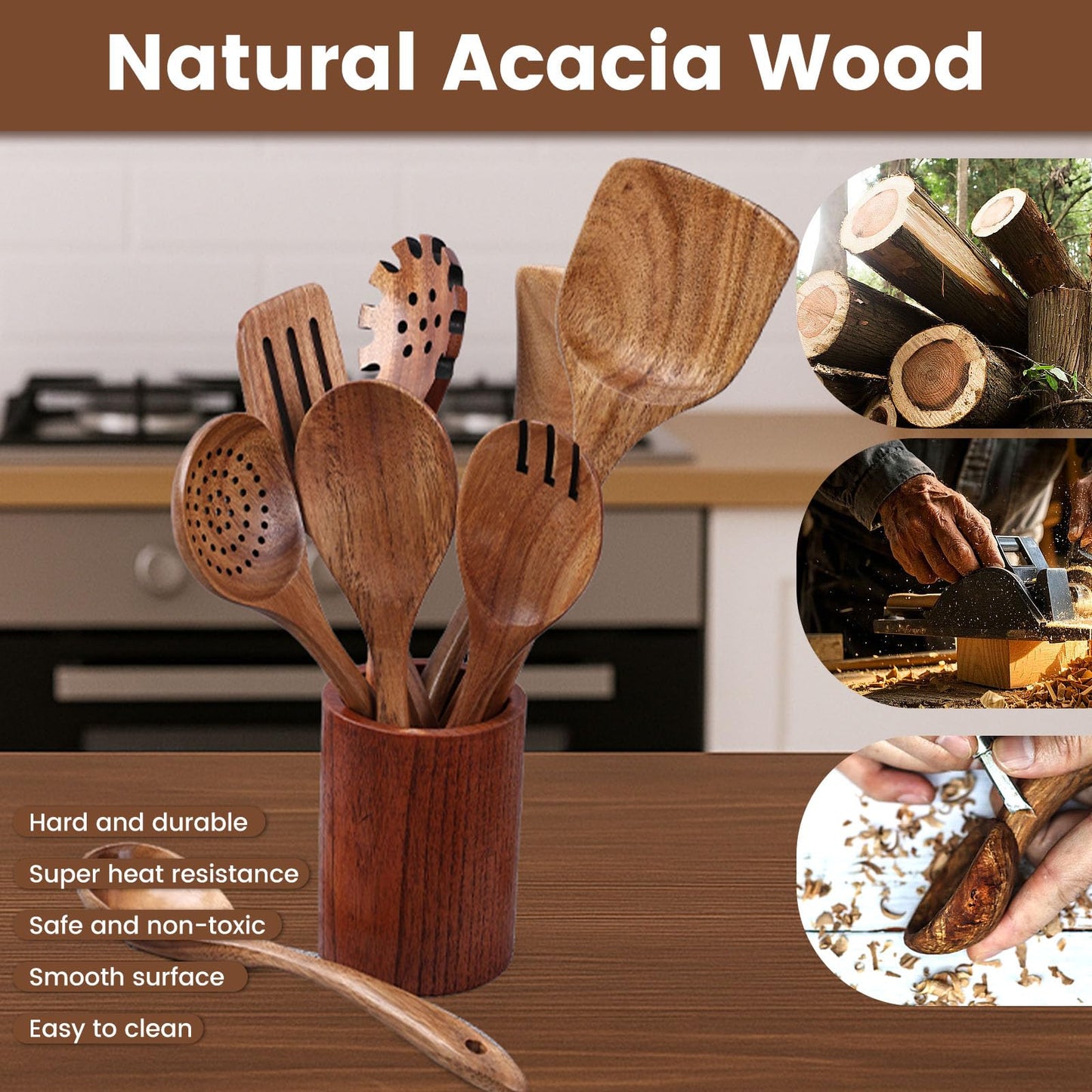 HAKSEN Wooden Spoons for Cooking, 10PCS Natural Acacia Wood Kitchen Utensils Set, Wooden Utensil Set for Nonstick Cookware, Smooth Finish, Sturdy & Durable