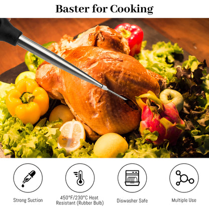 Turkey Baster Syringe for Cooking, Large Stainless Steel Meat Injector, with Cleaning Brush and 2 Marinade Needles, Black