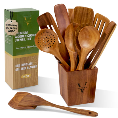 Vasilek Wooden Cooking Utensils Set – 12-Piece Acacia Wood Kitchen Utensil Set with Holder & Spoon Rest, Non Toxic Wooden Tools for Nonstick Cookware, Spatula, Ladle, Serving Spoon