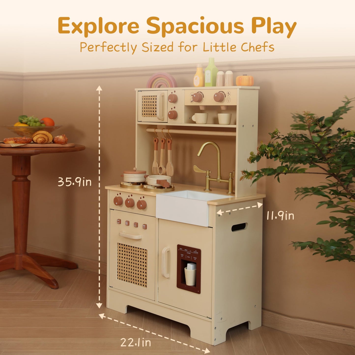 Play Kitchen for Kids, Wooden Play Kitchen Set with Realistic Features, Small Play Kitchen Toy Designed Ideal for Toddlers, for Ages 3+