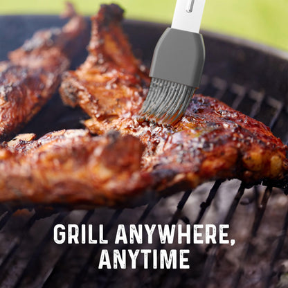 Stainless Steel BBQ Tool Set with Rotating Stand & Drip Pan | Grill Tool Kit Complete with Spatula, Tongs, Fork, Brush | Durable, Easy to Clean Grilling Kit | Essential BBQ Tools