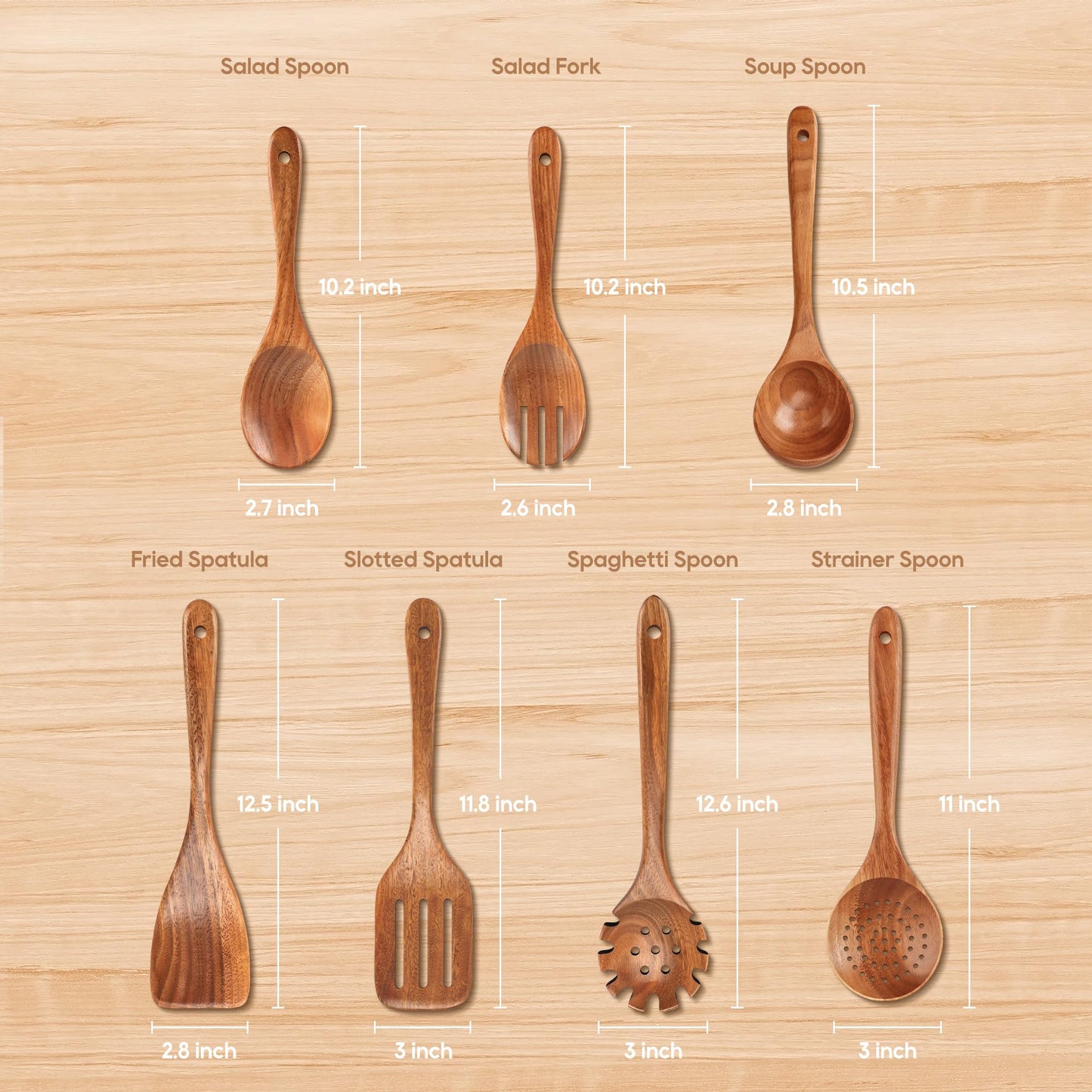 MULBOM 7 PCS Wooden Spoons for Cooking Natural Teak Kitchen Utensils Smooth Non-Stick Surface Cooking Utensils Set Soft Comfort-Grip Wooden Utensils for Cooking