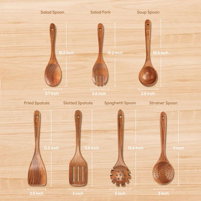 MULBOM 7 PCS Wooden Spoons for Cooking Natural Teak Kitchen Utensils Smooth Non-Stick Surface Cooking Utensils Set Soft Comfort-Grip Wooden Utensils for Cooking
