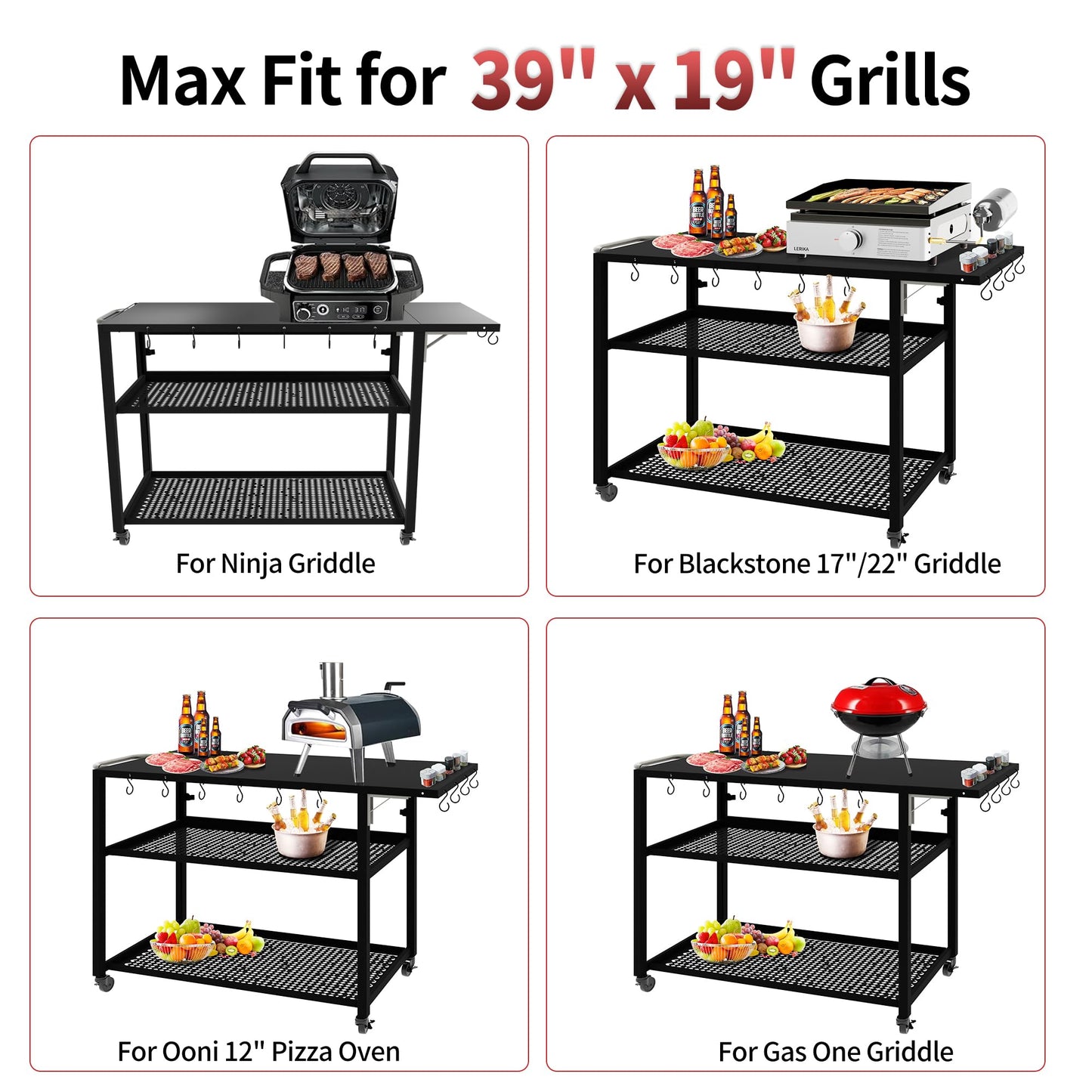 LERIKA Outdoor Grill Cart, 580lb Dining Cart Table with 3 Shelf, Stainless Steel Cart with Lockable Wheels