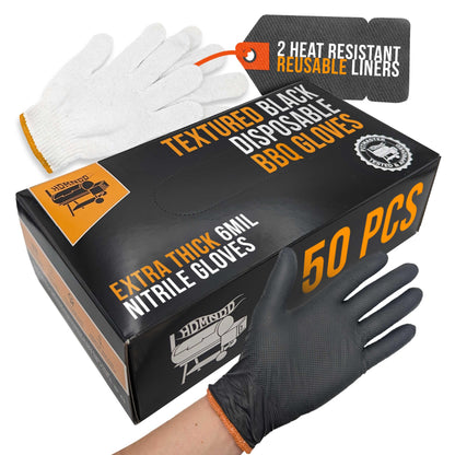 HDMNDD Black Disposable BBQ Gloves Kit - 50 Heavy Duty Full Textured Grip and 2 Heat Resistant Reusable Glove Liners for BBQ, Grilling, Meat Gloves for Pulling Meat