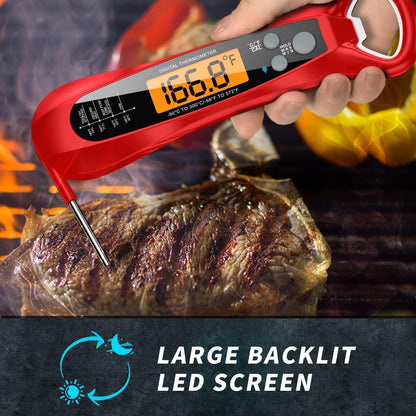 Meat Thermometer Digital, 1 Sec Instant Read, NIST Certified Accurate to ±0.5℉, Ultra Bright LED Screen, 100% Waterproof, Auto-Rotate, BBQ/Smoker/Candy, Valentines Gift, Red