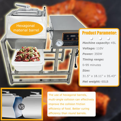 HayWHNKN Vacuum Tumbler Marinator Meat Vegetable Marinating Machine 45L Food Vacuum Marinator Fast Marination Process 110V Meat Pickle Machine 360° Rotation with Timer For Chicken Steak Burger Shop