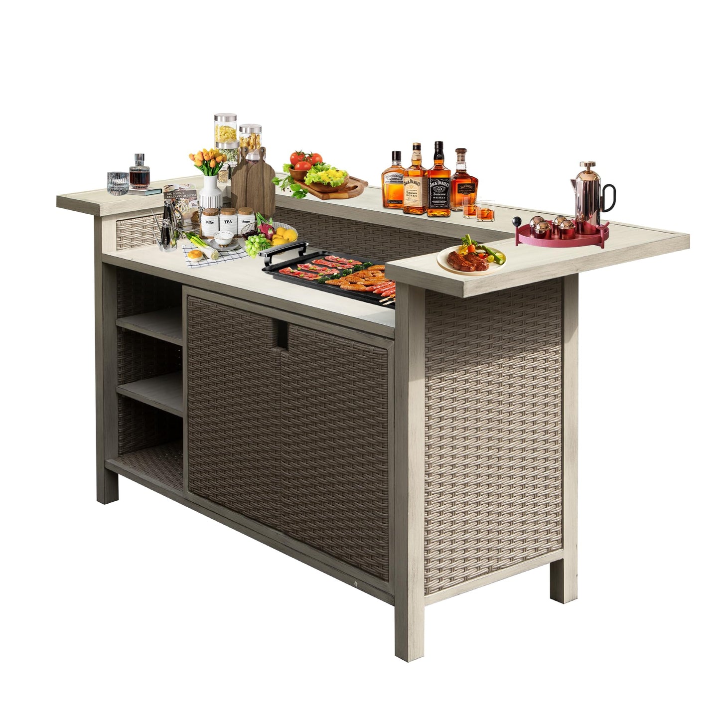 Domi Patio Bar Table, Outdoor Aluminum PE Wicker Bar Cart with Cabinet, All Weather Use Storage Patio Cabinet for Patio Kitchen or Bar Cart, Wood Grain