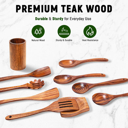 Vorisebo Wood Spoons for Cooking, Natural Teak Wooden Utensils Set, 10 Piece Handmade Wooden Utensil Set with Holder and Spoon, Durable Nonstick Kitchen Cookware Tool