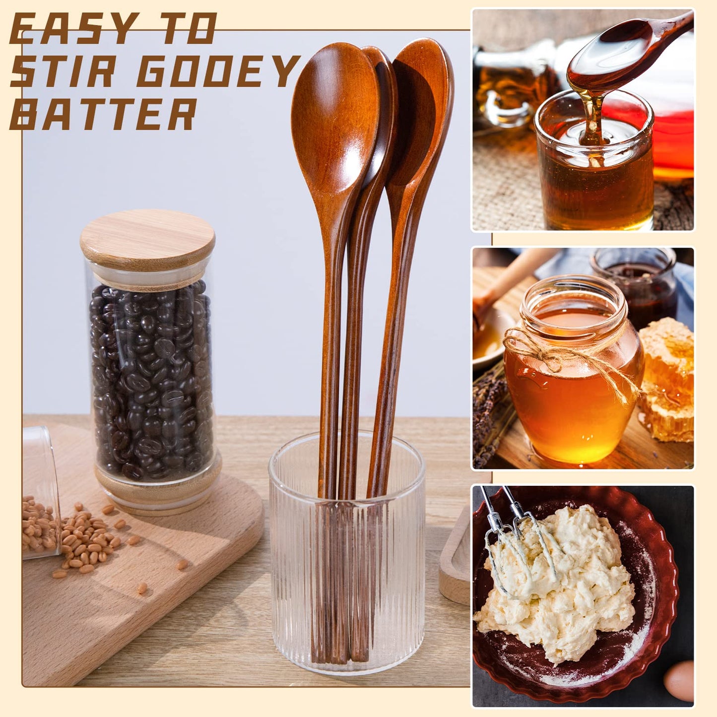 HANSGO Wooden Spoons for Cooking, 12 Inch Mixing Wood Spoon with Long Handle Serving Utensil Set for Kitchen Cooking and Stirring, 6PCS