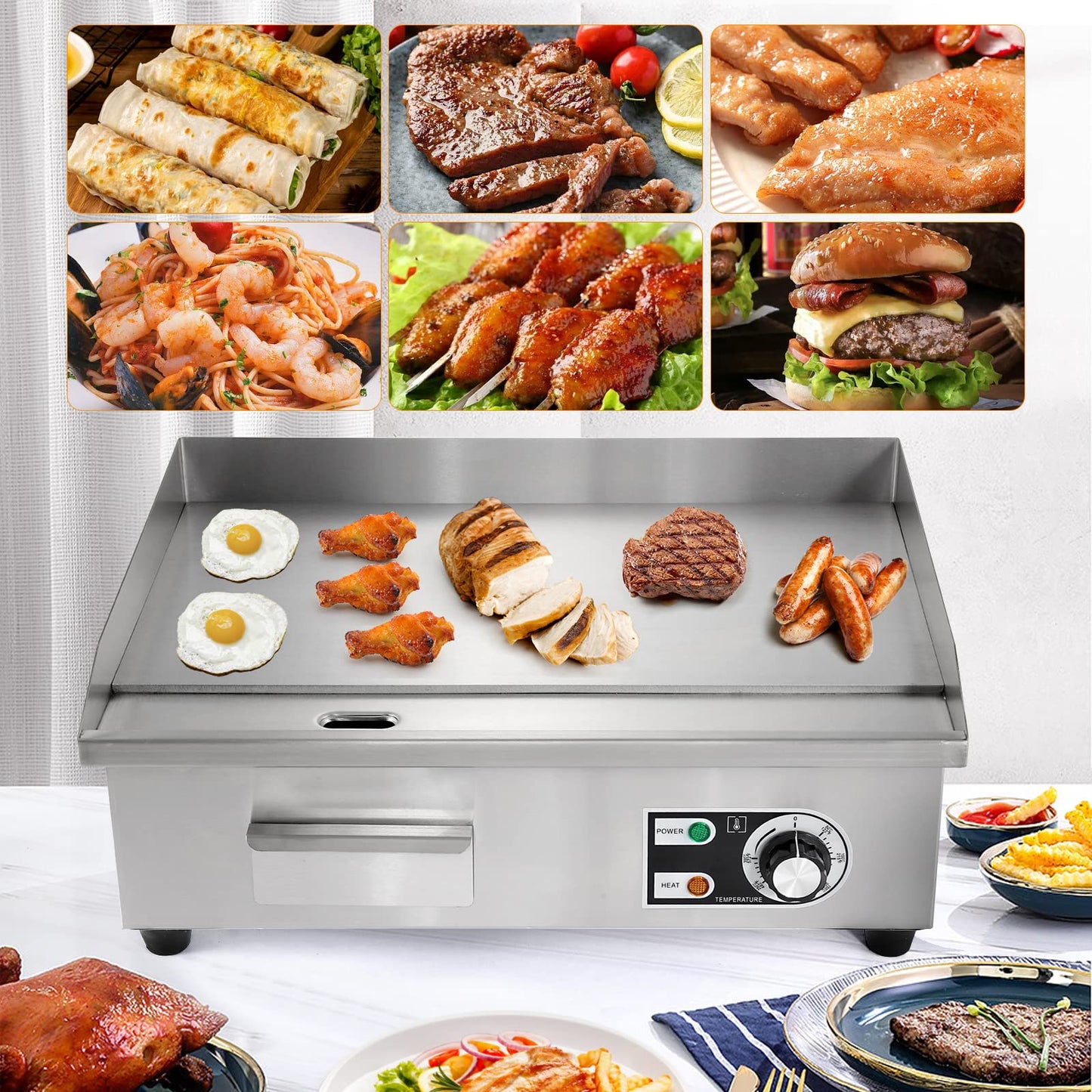 WICHEMI Commercial Electric Griddle 22" 3000W Flat Top Grill Countertop Griddle Stainless Steel Teppanyaki Grill w/Iron Cooking Plate for Restaurant Kitchen, 110V