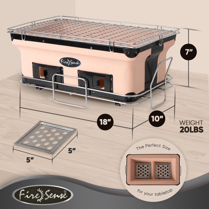 Fire Sense 60450 Yakatori Internal Grates Charcoal Chrome Cooking Grill Japanese Table BBQ Handmade Using Clay Adjustable Ventilation For Outdoor Barbecues Camping Traveling - Large - Tan
