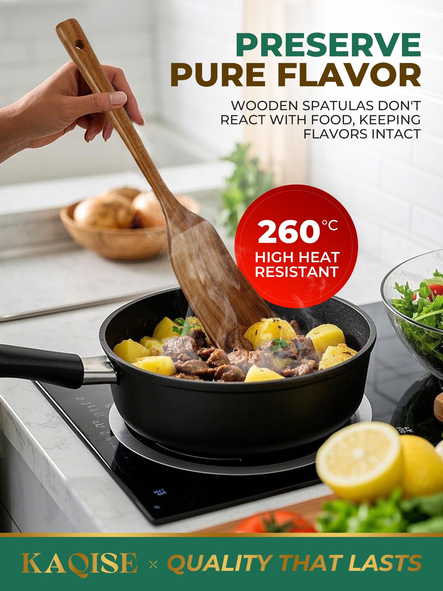 KAQISE Nonstick Wooden Spatula for Cooking, Finely Polished Teak Wooden Utensils, Kitchen Essential Spatula Set Contains Flat Turner and Slotted Spatula (2Pcs)