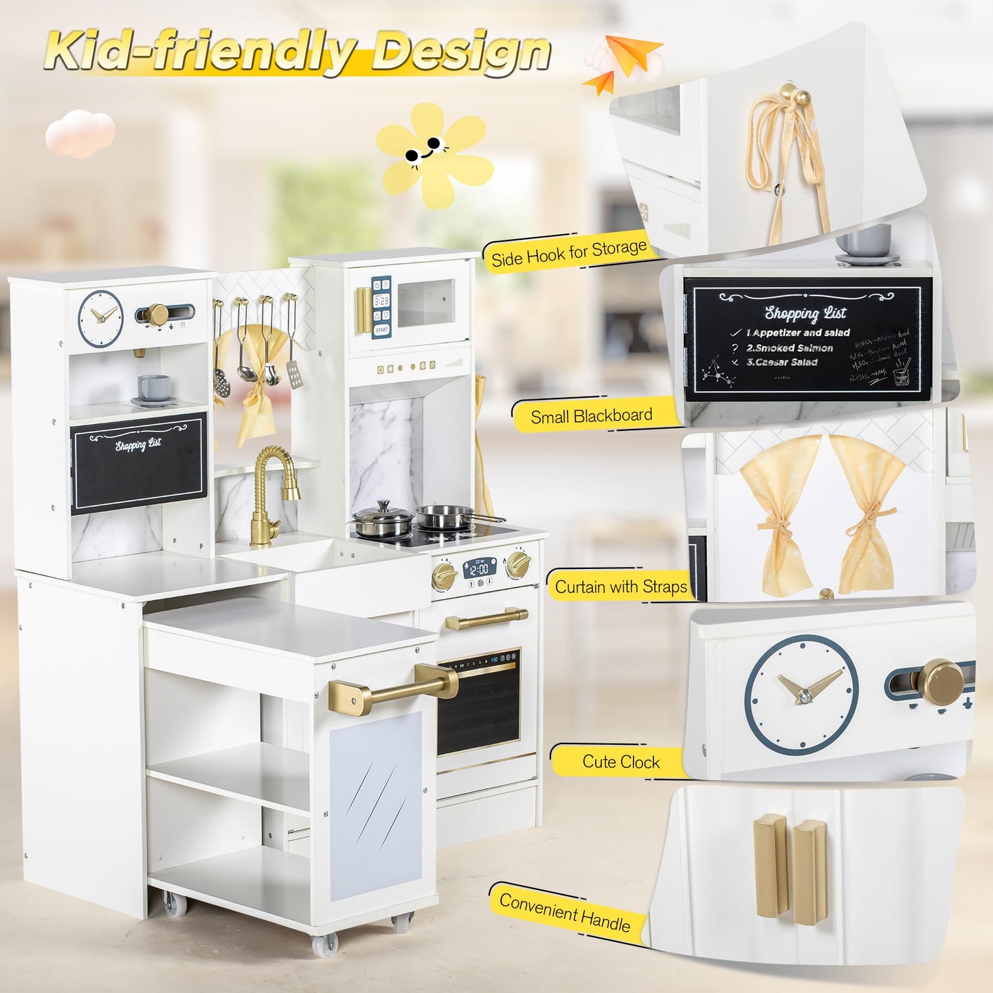 BRINJOY Kids Play Kitchen with Removable Cart, Wooden Toddler Kitchen Playset with Oven, Stove, Sink, Coffee Maker, Pretend Play Toy Kitchen Set for Children Boys Girls Ages 3