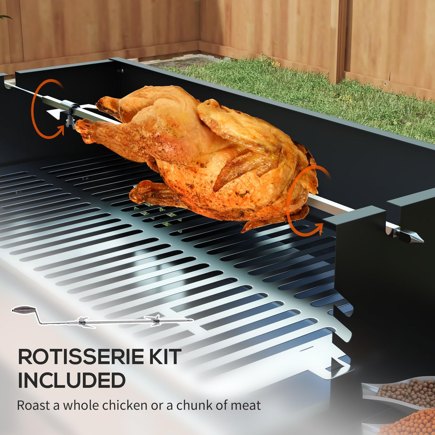 Outsunny BBQ Rotisserie Grill Roaster, Charcoal Split Roaster for Chicken or Turkey with 3-Level Grill Grate, Foldable Storage Shelves, and Wind Deflector, Stainless Steel, Black