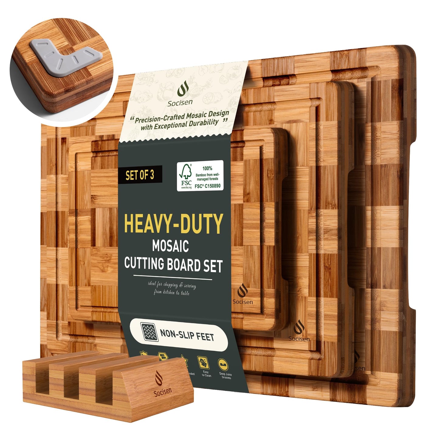 3 Pack Heavy Duty Bamboo Cutting Board Set Non Slip Over Sink Nice Solid End Grain Thick Wood Juice Groove Chopping Board Extra Large Big Small Best Kitchen Essential House Warming Hostess Host Gift