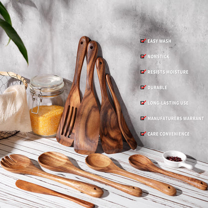 WOSPONFAN Wooden Cooking Utensils Set, 9 PCS Teak Wood Spoons, Spatula, Slotted Spoon, Handmade Modern Kitchen Utensils