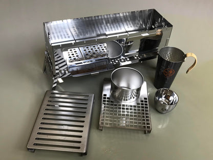 Sho's B-VI-DUO, Compact Hibachi Grill "KAN"(hot Japanese sake) plate set, foldable hibachi, sake warm & grill plate, carafe, cup/Yakitori, BBQ, Small Binchotan Grill for Authentic Japanese Grilling