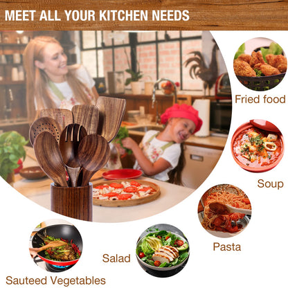 Teak Wood Cooking Utensils Set - 9-Piece Nonstick Safe Kitchen Utensils with Holder, Spoon Rest & 6 Metal Hooks, Natural Wooden Cookware for Nonstick Pans (Premium Durable Utensil Set