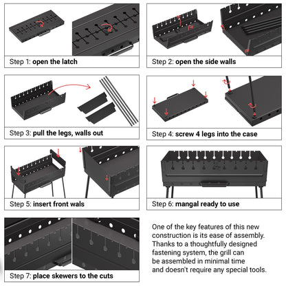Charcoal Grill for 10 Skewers - Portable Barbecue Kabob Camp Grills - Foldable Metal Mangal - Kebab Shish BBQ for EDC Picnic Outdoor Cooking Camping Hiking NB10