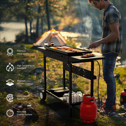 ROVSUN 4 Burner Portable Propane Griddle with Nonstick Enameled Tray, 40000 BTU Rolling Flat Top Gas Grill with Electronic Ignition, Side Shelves & Regulator for Outdoor Cooking Camping BBQ Tailgating