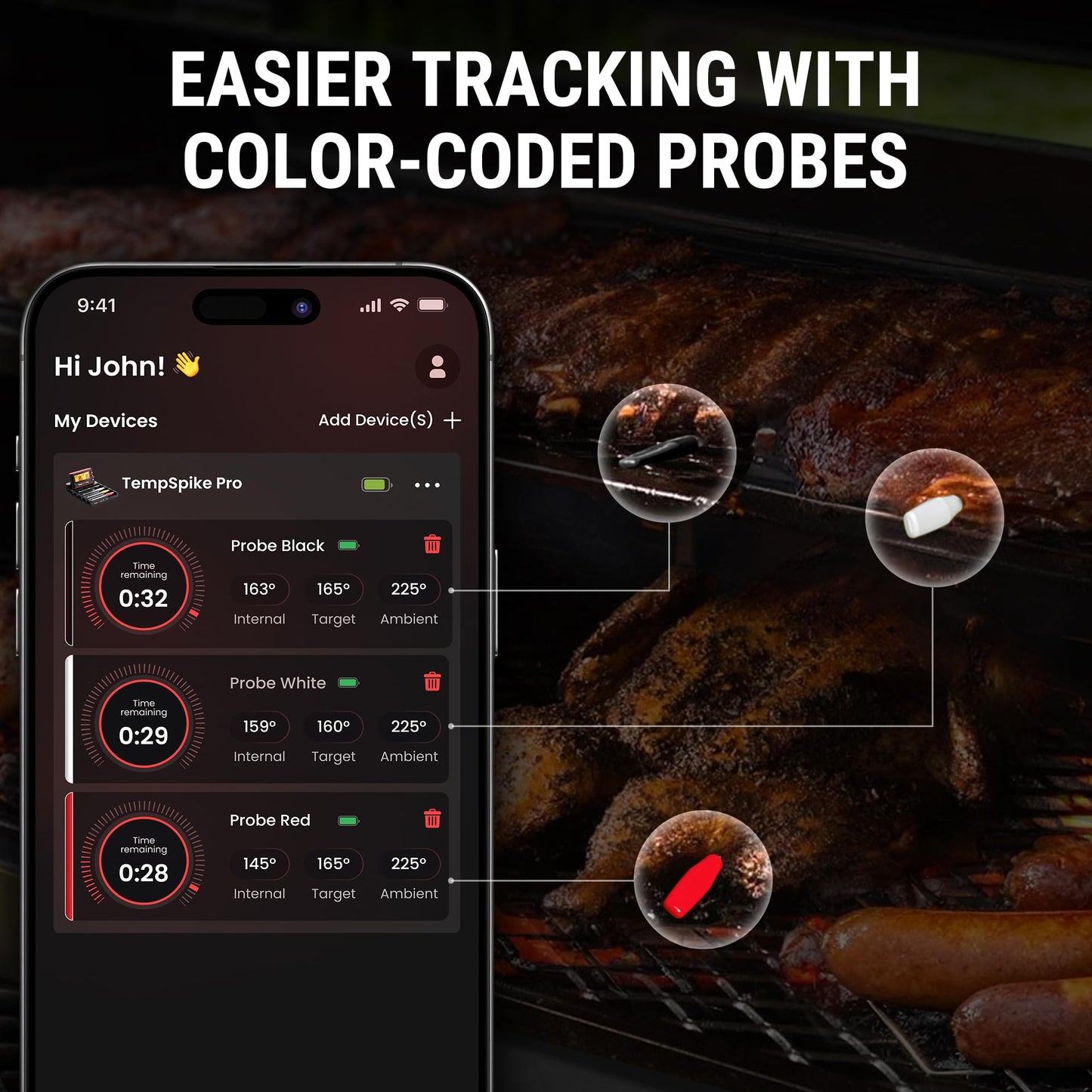 TempSpike Wireless Meat Thermometer Digital with App, WiFi & Bluetooth BBQ Grill Thermometer with High Precision, Waterproof & Heat-Resistant Probes, Rechargeable Base with Display for BBQ Smoker Oven