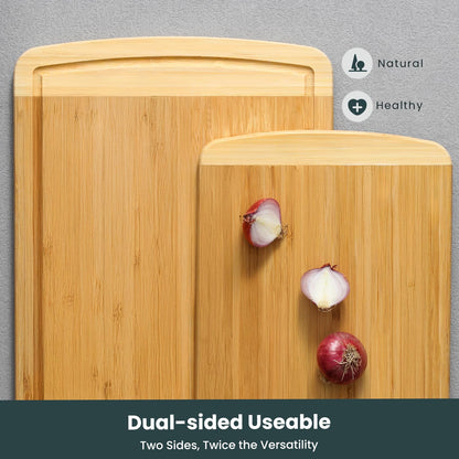 Hiware Extra Large Bamboo Cutting Board with Holder, Durable Wood Cutting Board for Kitchen with Juice Grooves & Built-in Handles, Heavy Duty Chopping Board for Meat, Vegetables - Two Tone, Set of 3