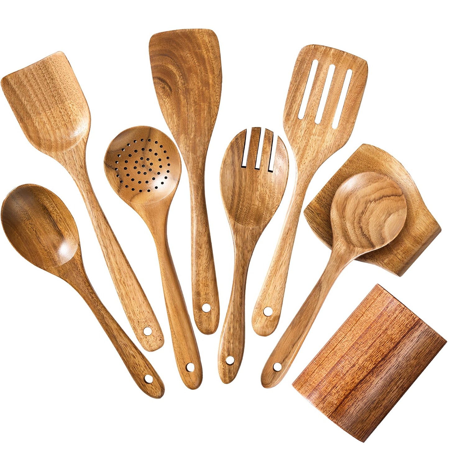 Riveira 9 Pieces Teak Wooden Spoons For Cooking – Premium & Durable Organic Teak Wooden Cooking Utensils – Non Stick Wooden Spatula For Cooking – Non Toxic Wooden Utensil Set With Holder & Spoon Rest