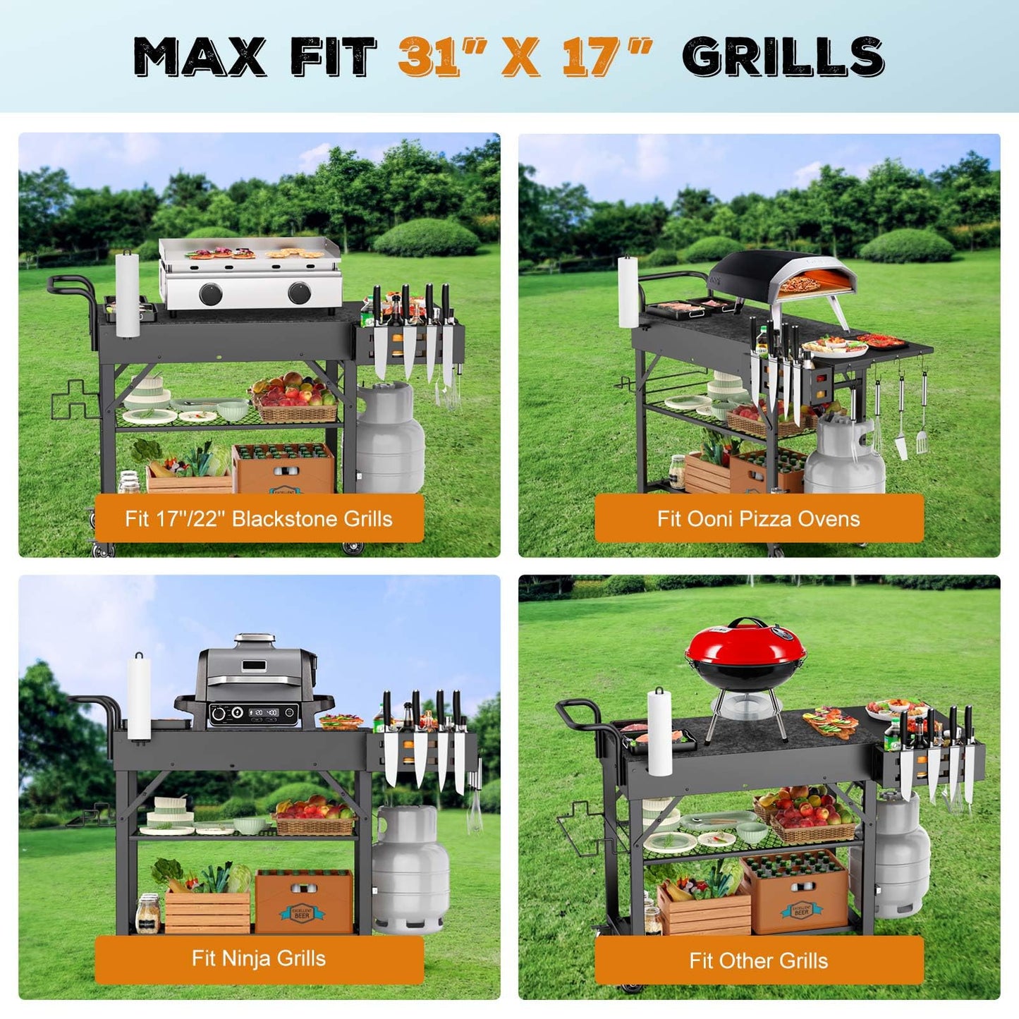 Raynesys Outdoor Grill Cart, 440lbs Outdoor Grill Table, 31x17 inch Blackstone Griddle Stand, Portable Folding Cart with Wheels, 2-Tier Storage Rack & Side Storage Box (Black)