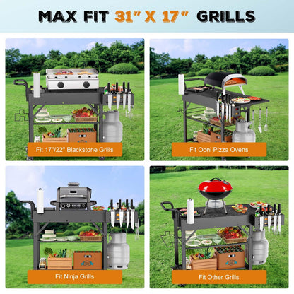 Raynesys Outdoor Grill Cart, 440lbs Outdoor Grill Table, 31x17 inch Blackstone Griddle Stand, Portable Folding Cart with Wheels, 2-Tier Storage Rack & Side Storage Box (Black)