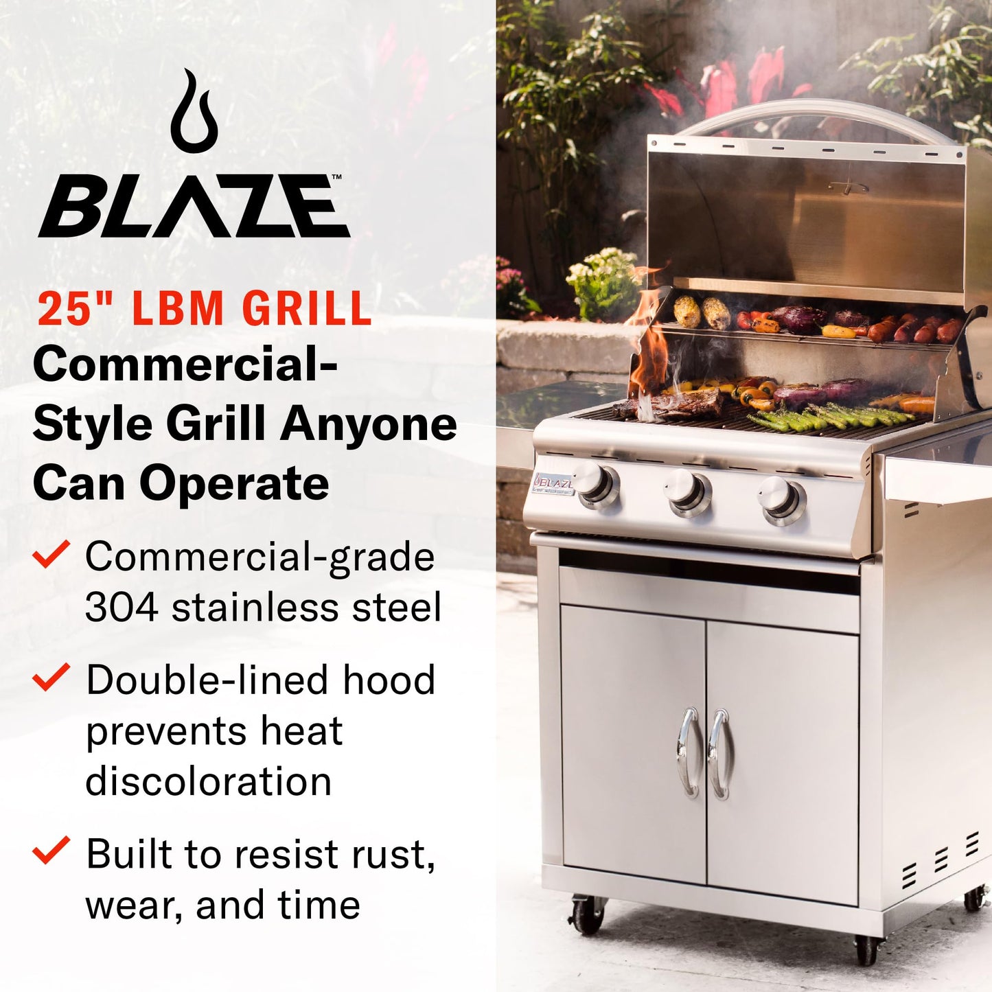 Blaze Prelude LBM Built-in Natural Gas Grill | 25-Inch 3-Burner BBQ with 42,000 BTUs | 304 Stainless Steel Construction | Flame Stabilizing Grids BLZ-3LBM-NG
