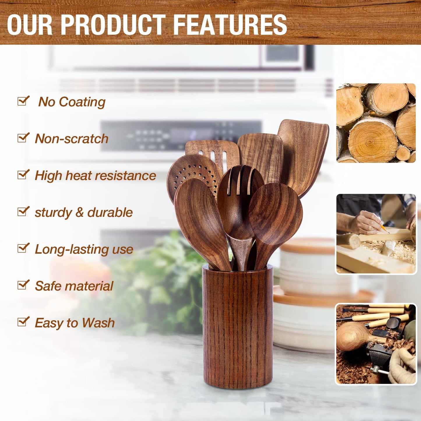 Teak Wood Cooking Utensils Set - 9-Piece Nonstick Safe Kitchen Utensils with Holder, Spoon Rest & 6 Metal Hooks, Natural Wooden Cookware for Nonstick Pans (Premium Durable Utensil Set