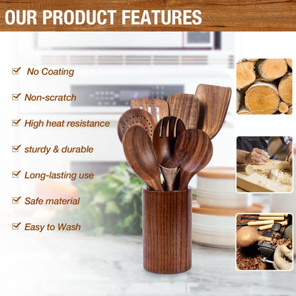 Teak Wood Cooking Utensils Set - 9-Piece Nonstick Safe Kitchen Utensils with Holder, Spoon Rest & 6 Metal Hooks, Natural Wooden Cookware for Nonstick Pans (Premium Durable Utensil Set