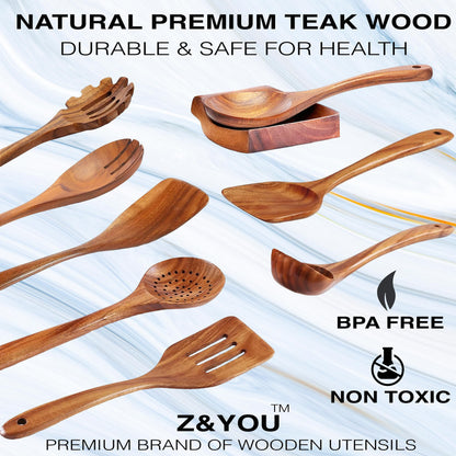 9-Piece Teak Wooden Spoons for Cooking, Durable Wood Utensil Set, Natural Teak Wood Non Toxic Utensils – Safe and Non Toxic for Your Family – Wooden Spoons and Spatulas for Kitchen by Z&YOU