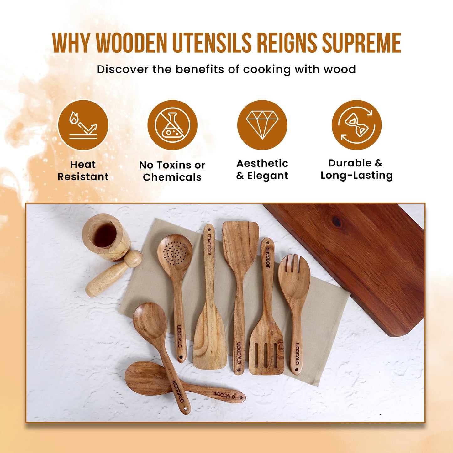 Woodalo Acacia Wooden Kitchen Utensil Set - 7 Pieces – Premium Handcrafted Cooking Spoons & Spatulas, Eco-Friendly, Nonstick Cookware Safe, Ergonomic Design, Ideal for Cooking & Serving