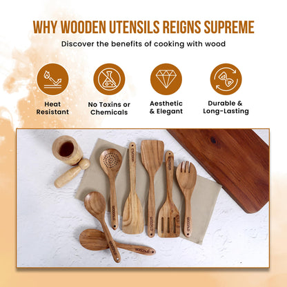 Woodalo Acacia Wooden Kitchen Utensil Set - 7 Pieces – Premium Handcrafted Cooking Spoons & Spatulas, Eco-Friendly, Nonstick Cookware Safe, Ergonomic Design, Ideal for Cooking & Serving