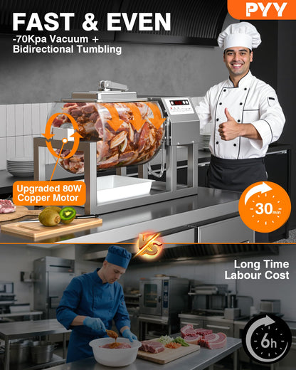 PYY Vacuum Tumbler Marinator - Max.20LBS Commercial Meat Tumbler Marinator 20L 30Min Fast Marinating,80W Copper Motor, Bidirectional Rotation,3 Speeds,Stainless Steel Meat Tumbler for Catering Kitchen