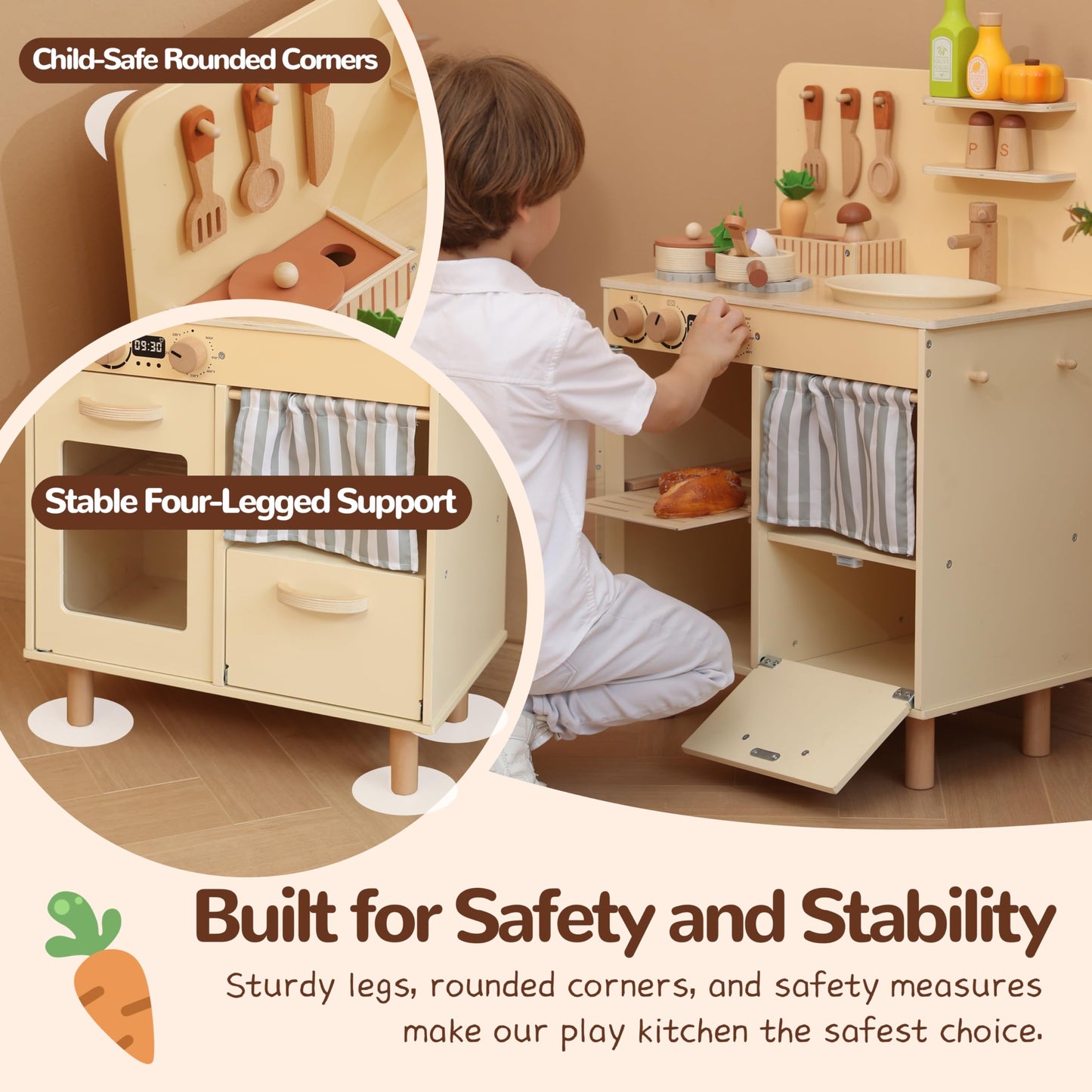 Leeshyah Play Kitchen for Kids, Classic Wooden Kitchen Playset with Food Accessories Set Ideal for Creative Pretend Play, Suitable for Toddlers, Girls & Boys Ages 3+