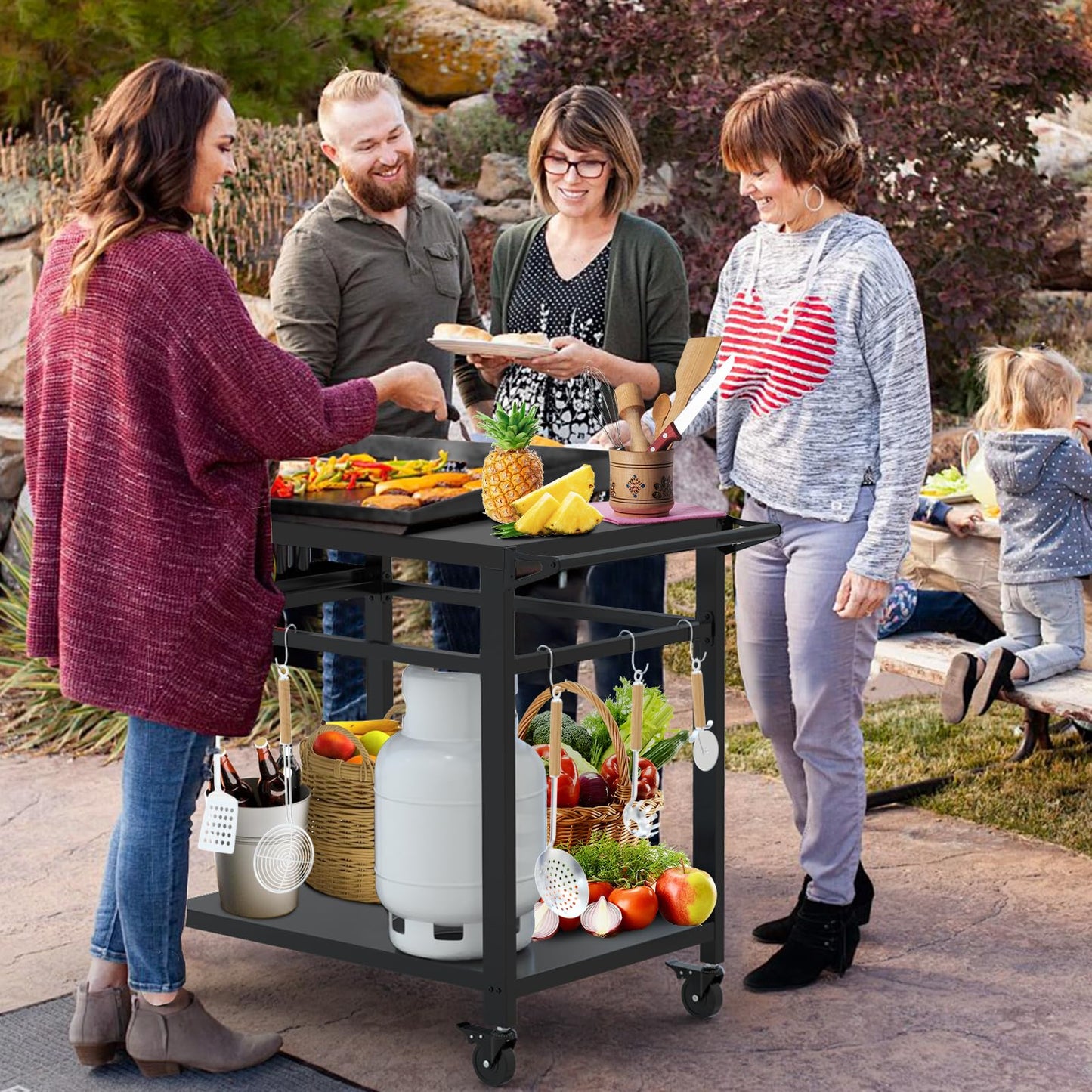 32"x 20" Stainless Steel Outdoor Grill Table, Movable Grill Cart, Outdoor Kitchen Island Prep Stand Station, Pizza Oven Table, Grill Stand Fits Griddle 17" 22", Rolling Bar Cart with 5 Utensil Hooks